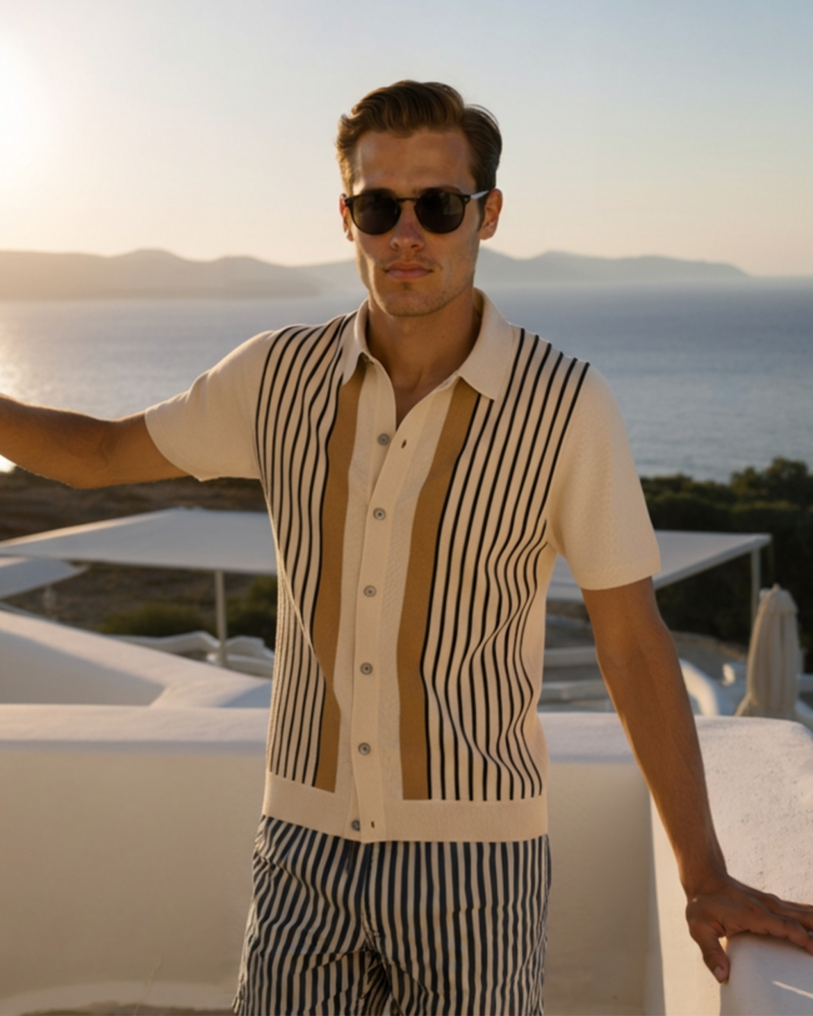 Men's cream striped knit polo shirt with short sleeves and button front