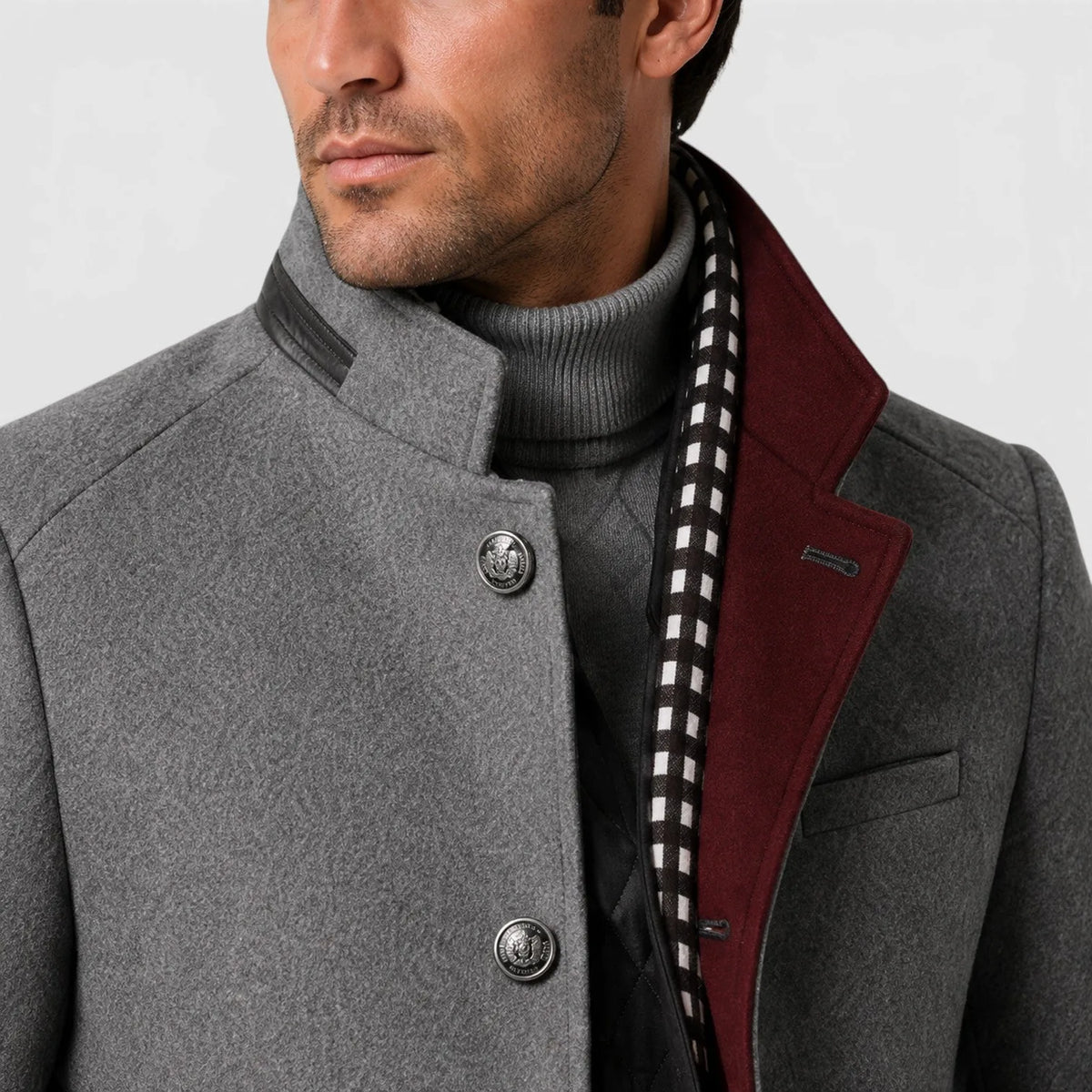Men's long textured trench coat with stand collar and button fastening