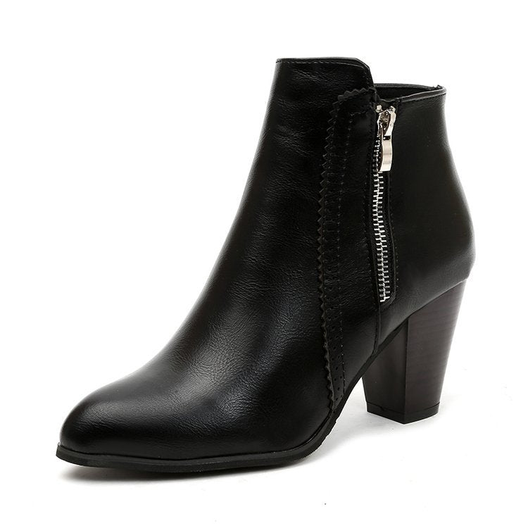 Women's Ankle Boot Block Heel Side Zip - Black
