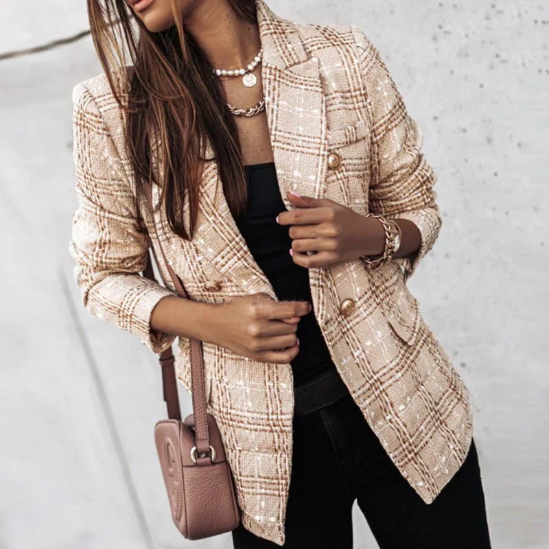 Women's checked double-breasted blazer with long sleeves and gold-tone buttons