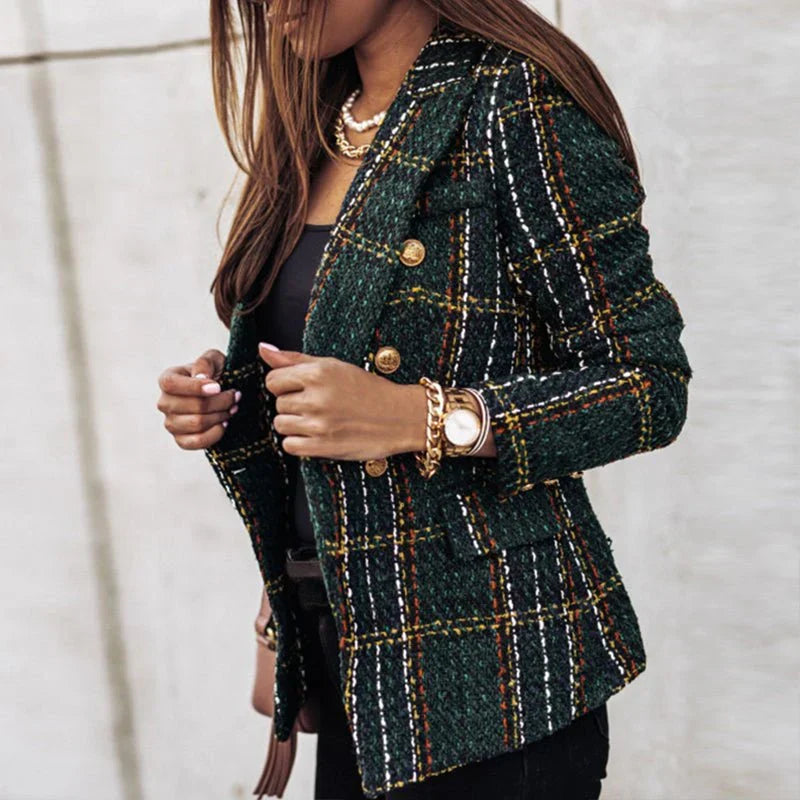 Women's checked double-breasted blazer with long sleeves and gold-tone buttons
