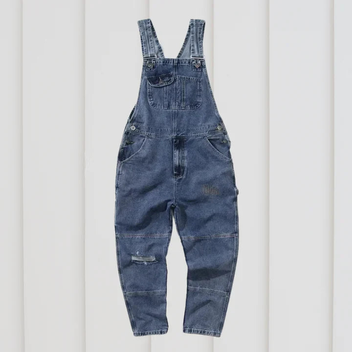 Women's Dungaree Jumpsuit Distressed Knee Multi-Pocket - Blue
