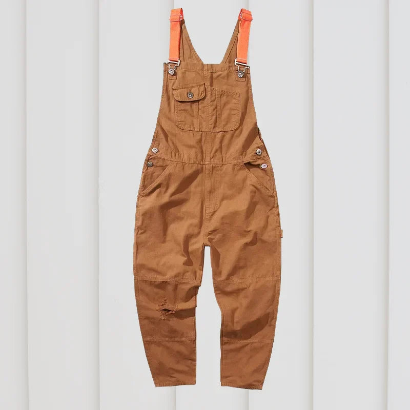 Women's Dungaree Jumpsuit Distressed Knee Multi-Pocket - Brown
