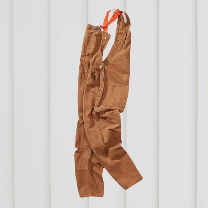 Women's Dungaree Jumpsuit Distressed Knee Multi-Pocket - Brown