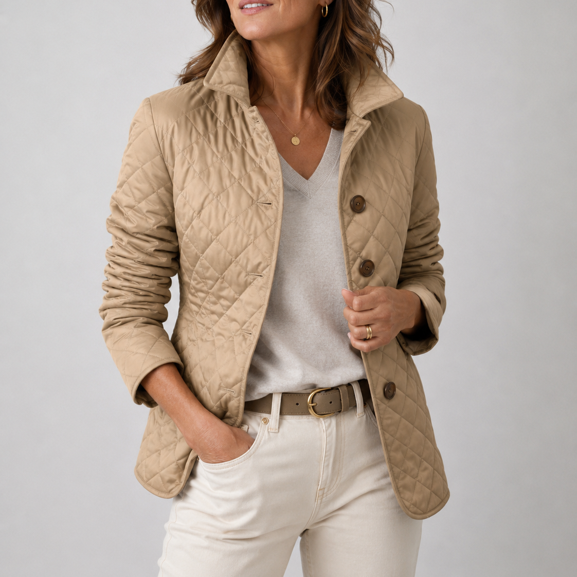 Women's diamond-quilted jacket with stand collar, long sleeves and button front