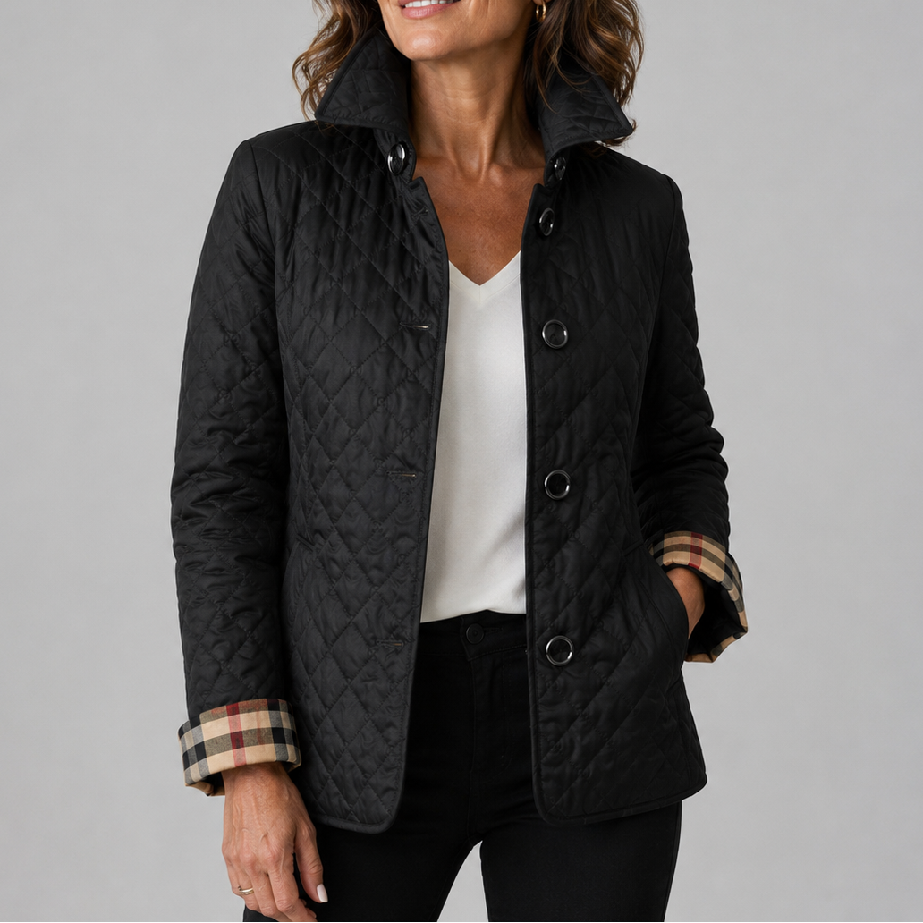 Women's diamond-quilted jacket with stand collar, long sleeves and button front