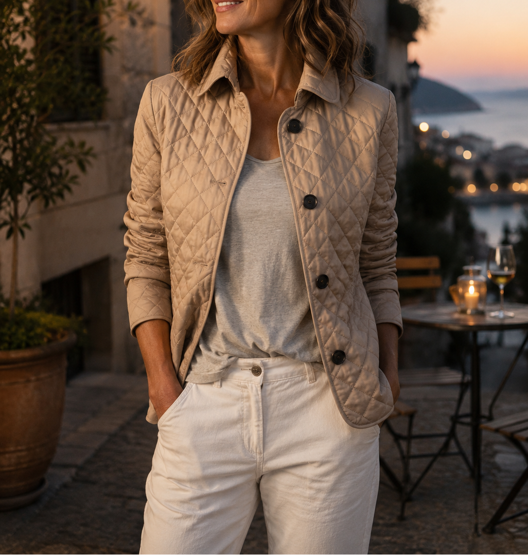 Women's diamond-quilted jacket with stand collar, long sleeves and button front