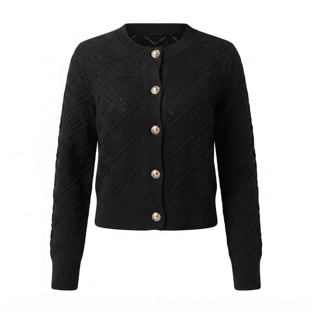 Women's cropped geometric openwork cardigan with long sleeves and button front
