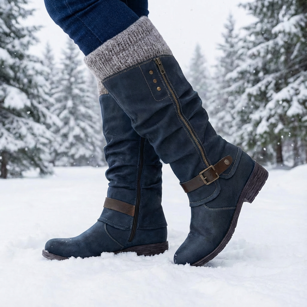 Women's slouch knee-high boots with side zips and buckle straps