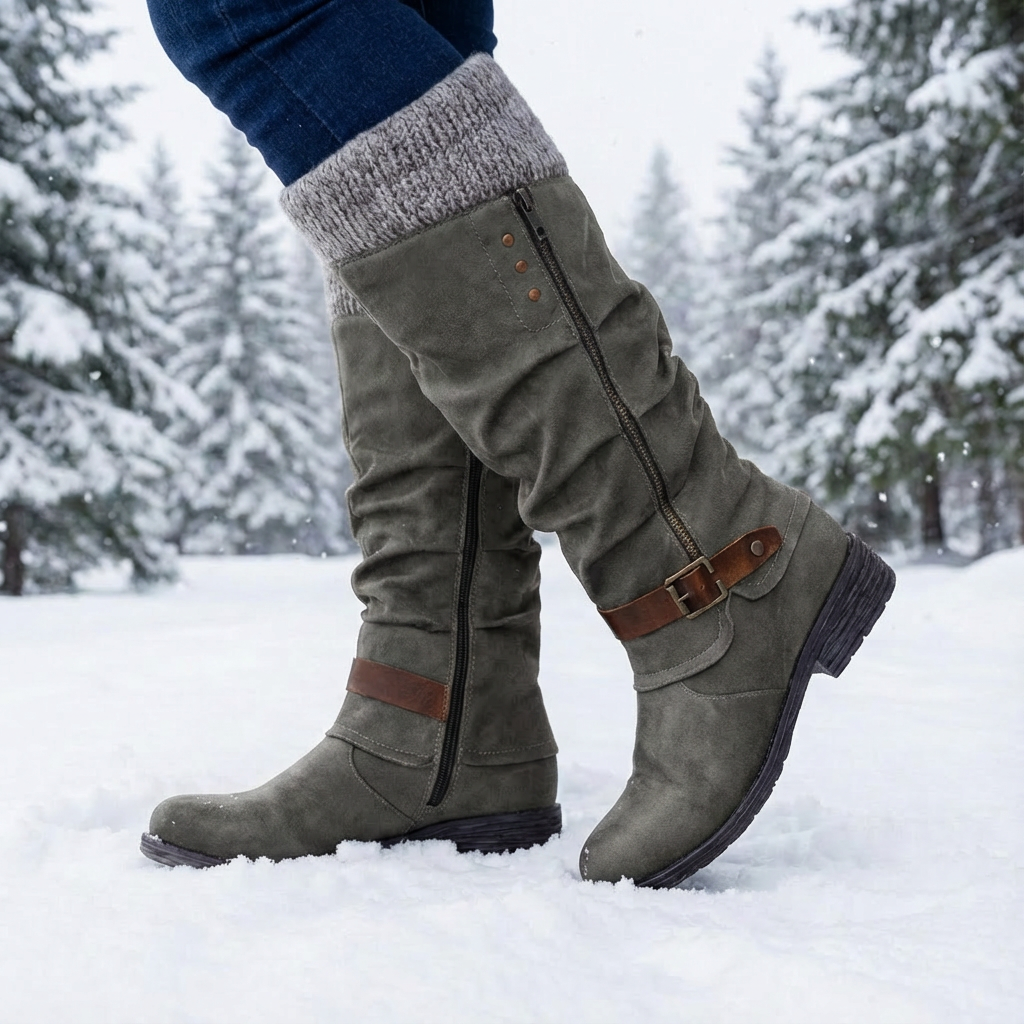 Women's slouch knee-high boots with side zips and buckle straps