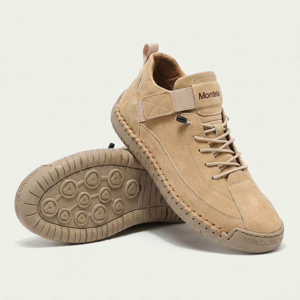 High-top lace-up sneakers with elastic ankle strap and textured flat sole