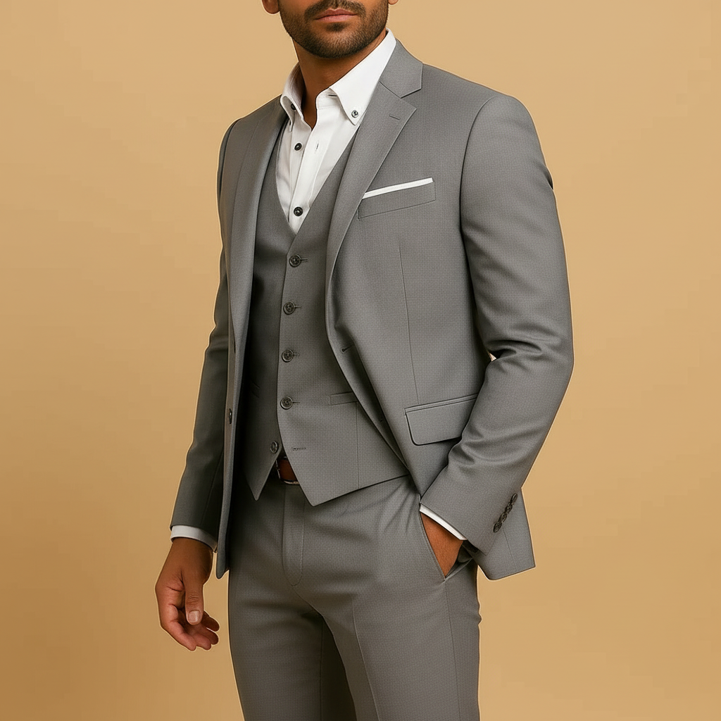 Men's three-piece suit with jacket, waistcoat, trousers and notch lapels