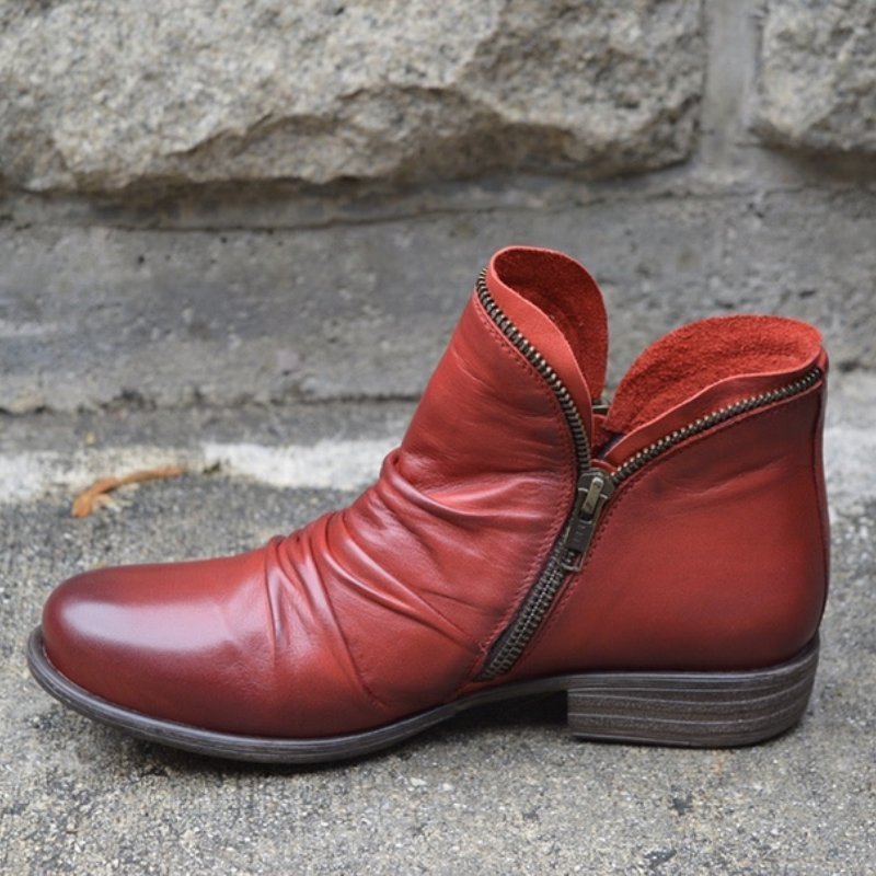 Women's Leather Ankle Boot Ruched Side Zip - Red