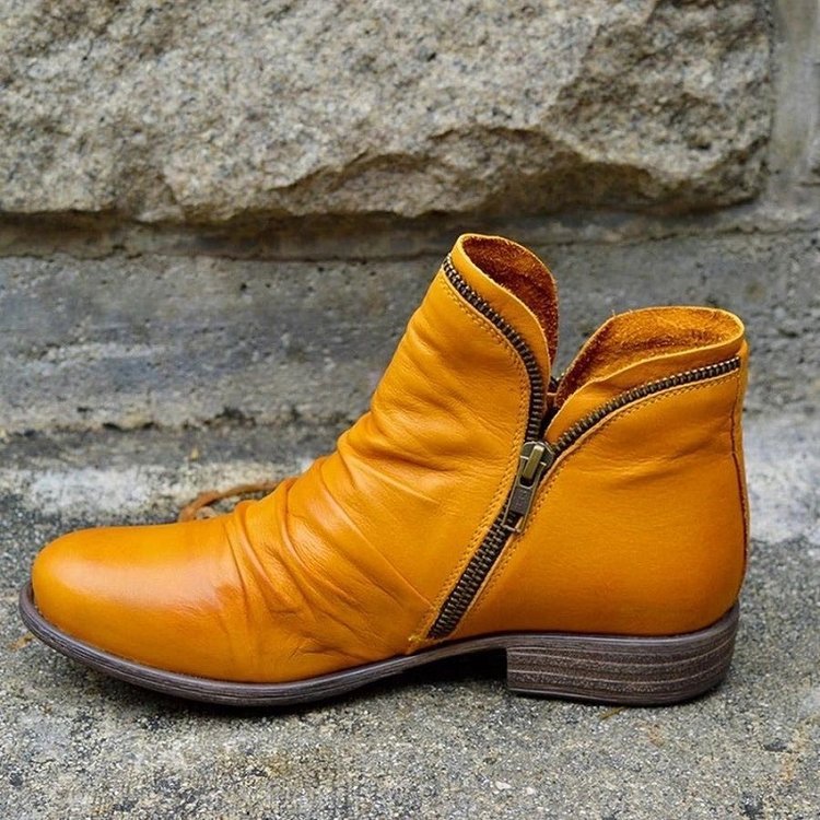 Women's Leather Ankle Boot Ruched Side Zip - Yellow