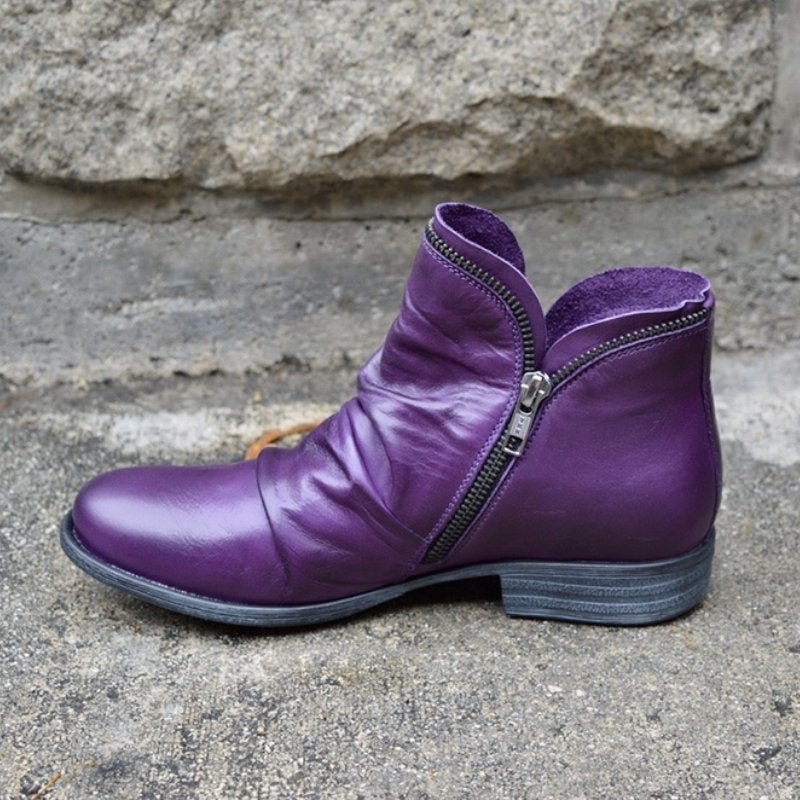 Women's Leather Ankle Boot Ruched Side Zip - Purple