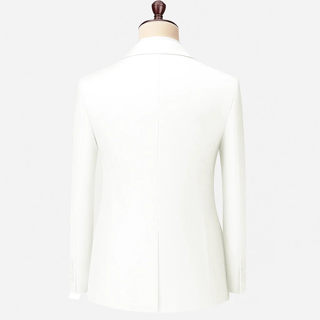 Men's three piece suit with notched lapel jacket, V-neck waistcoat and matching trousers