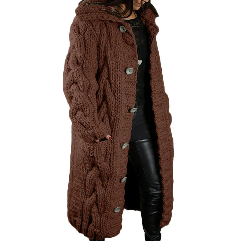 Women's chunky cable knit hooded longline cardigan with button front