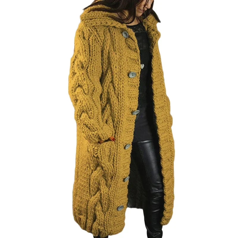 Women's chunky cable knit hooded longline cardigan with button front