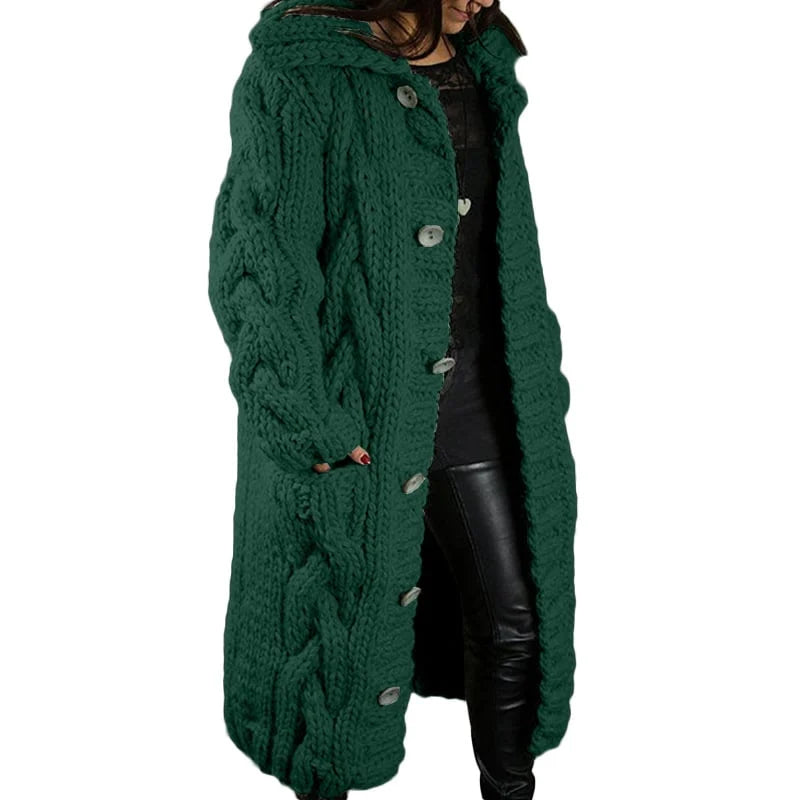 Women's chunky cable knit hooded longline cardigan with button front