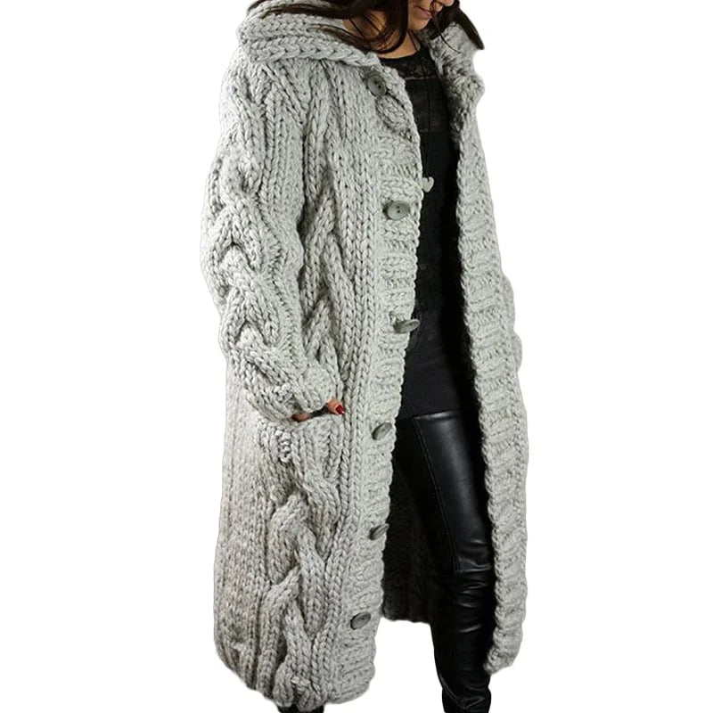 Women's chunky cable knit hooded longline cardigan with button front