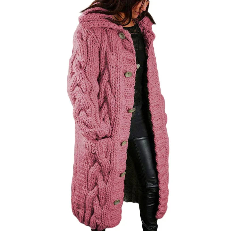 Women's chunky cable knit hooded longline cardigan with button front