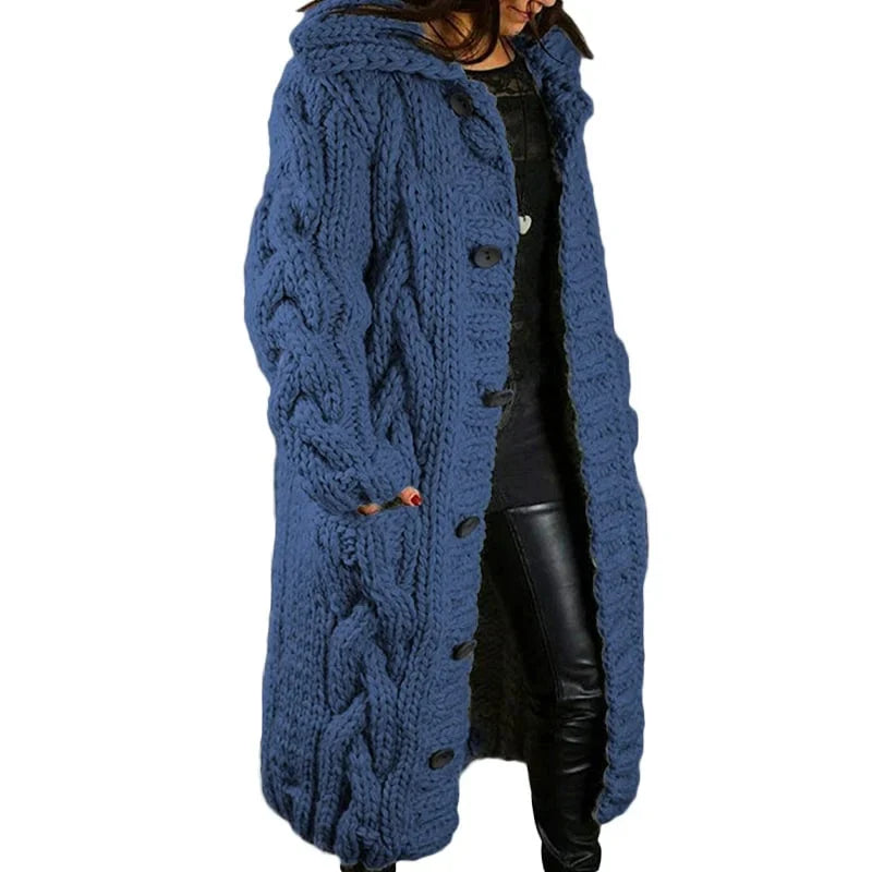 Women's chunky cable knit hooded longline cardigan with button front