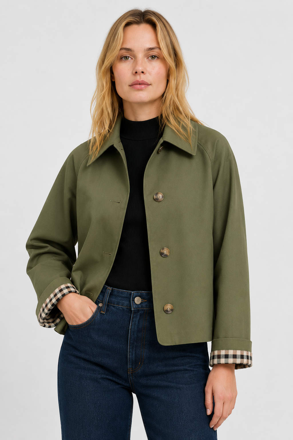 Women's lightweight collared jacket with button front and checked turned-back cuffs