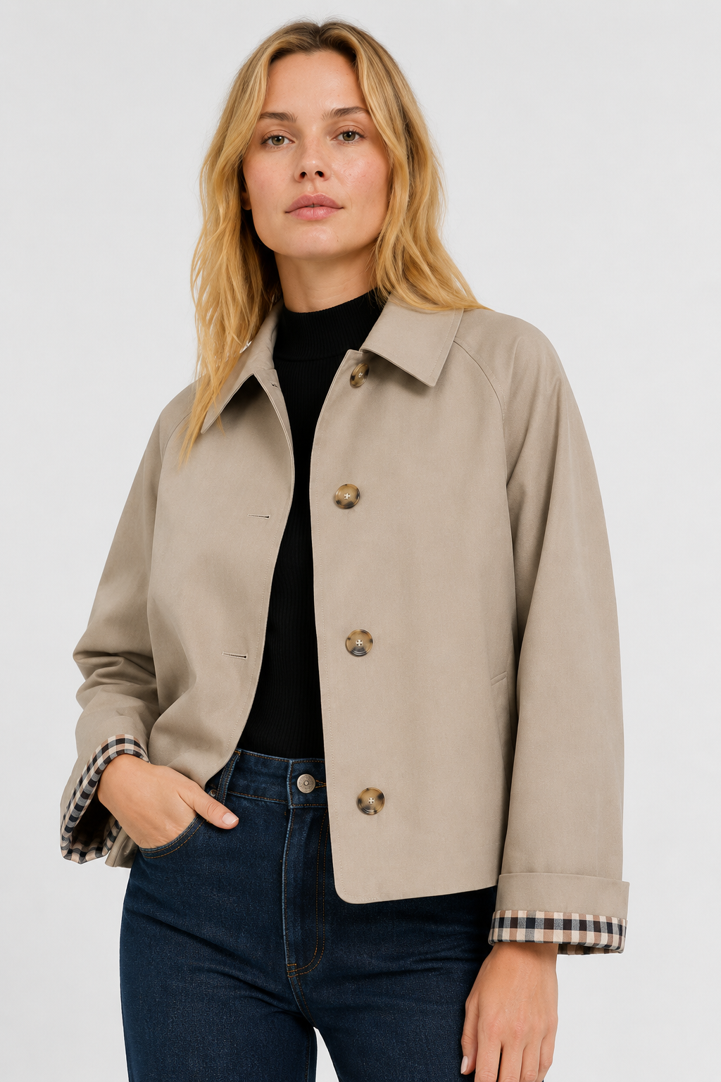 Women's lightweight collared jacket with button front and checked turned-back cuffs