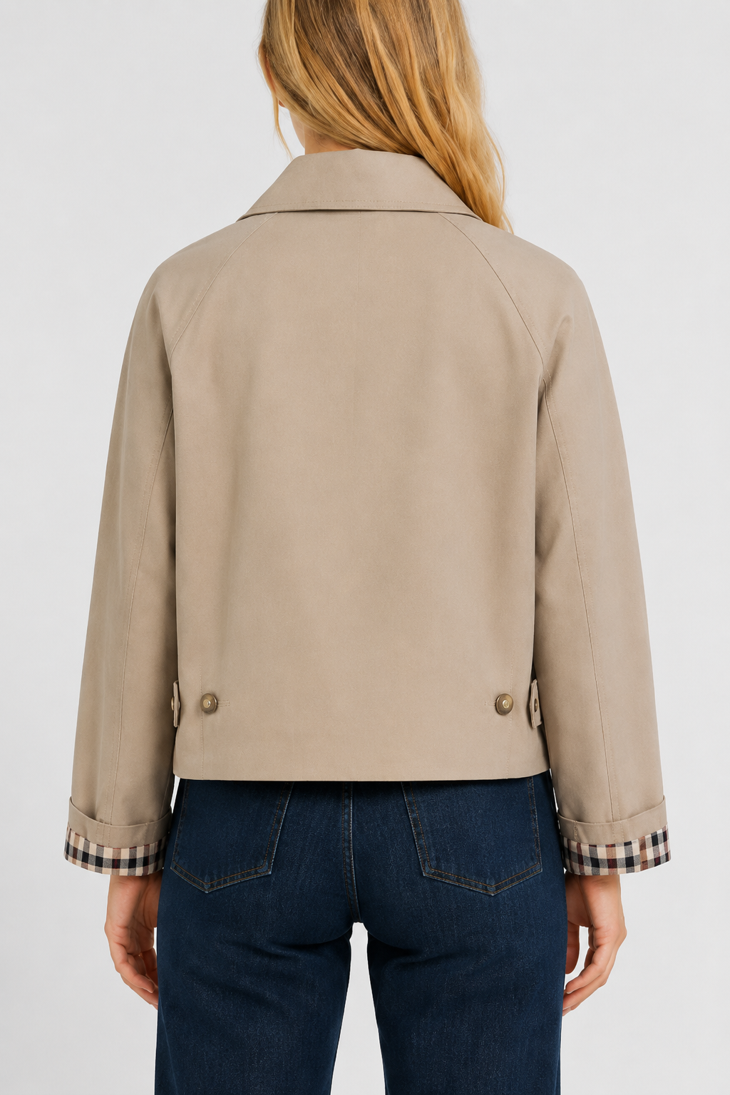 Women's lightweight collared jacket with button front and checked turned-back cuffs