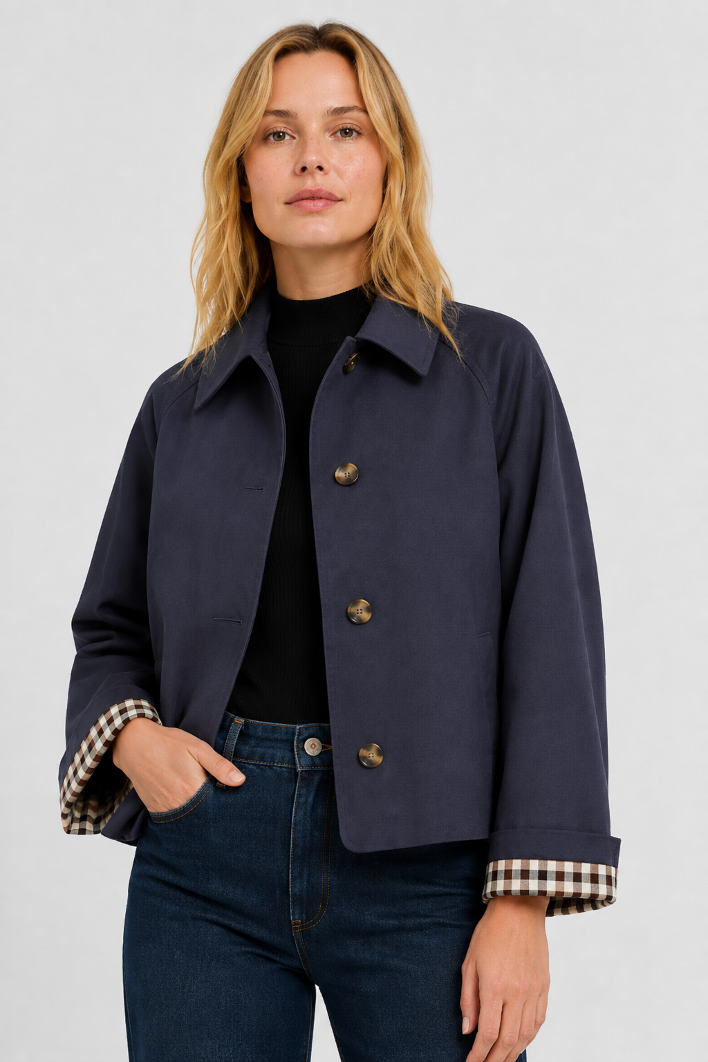Women's lightweight collared jacket with button front and checked turned-back cuffs