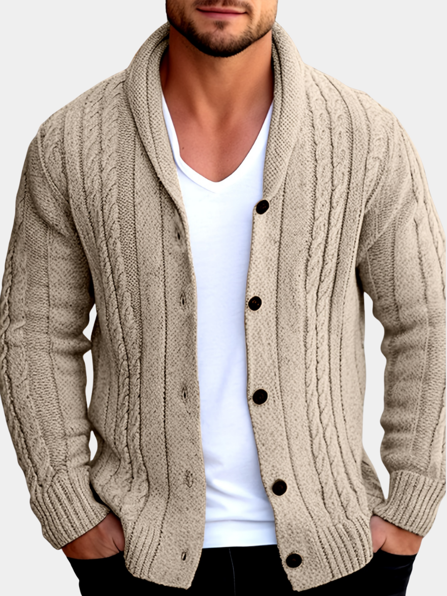Men's textured cable knit cardigan with shawl collar, button front and pockets