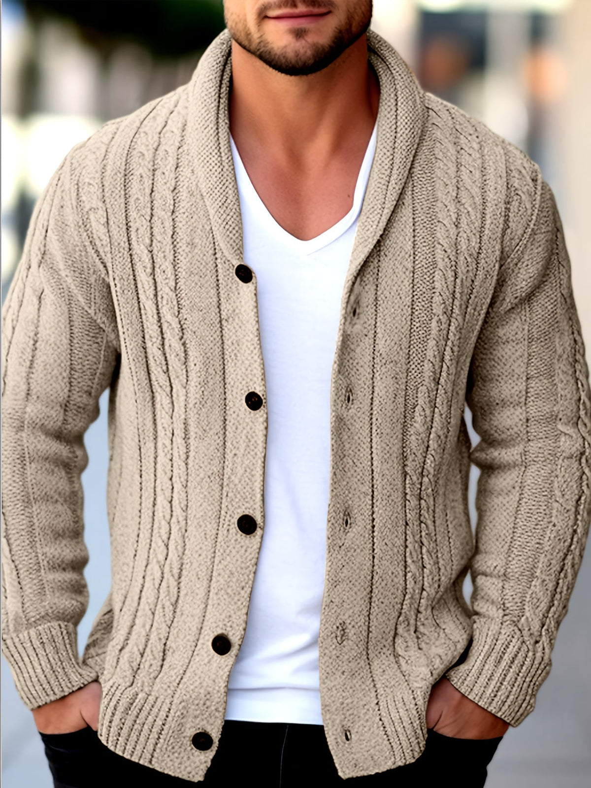 Men's textured cable knit cardigan with shawl collar, button front and pockets