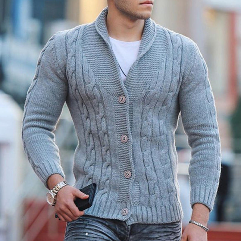 Men's textured cable knit cardigan with shawl collar, button front and pockets