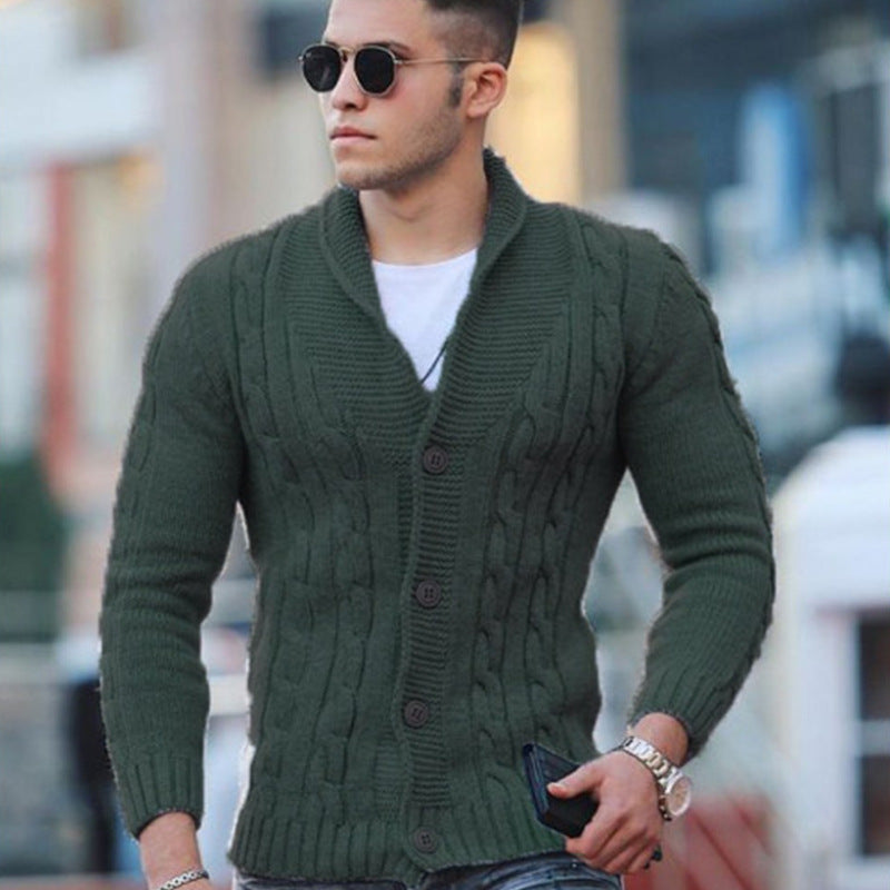 Men's textured cable knit cardigan with shawl collar, button front and pockets