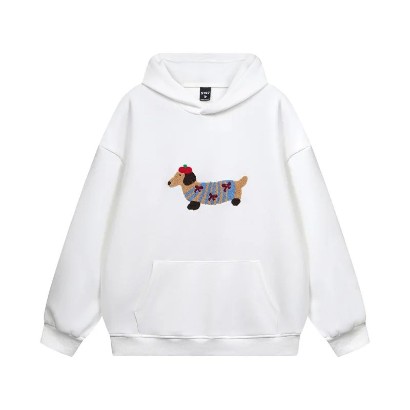 Women's hooded sweatshirt with embroidered dog graphic, long sleeves and kangaroo pocket