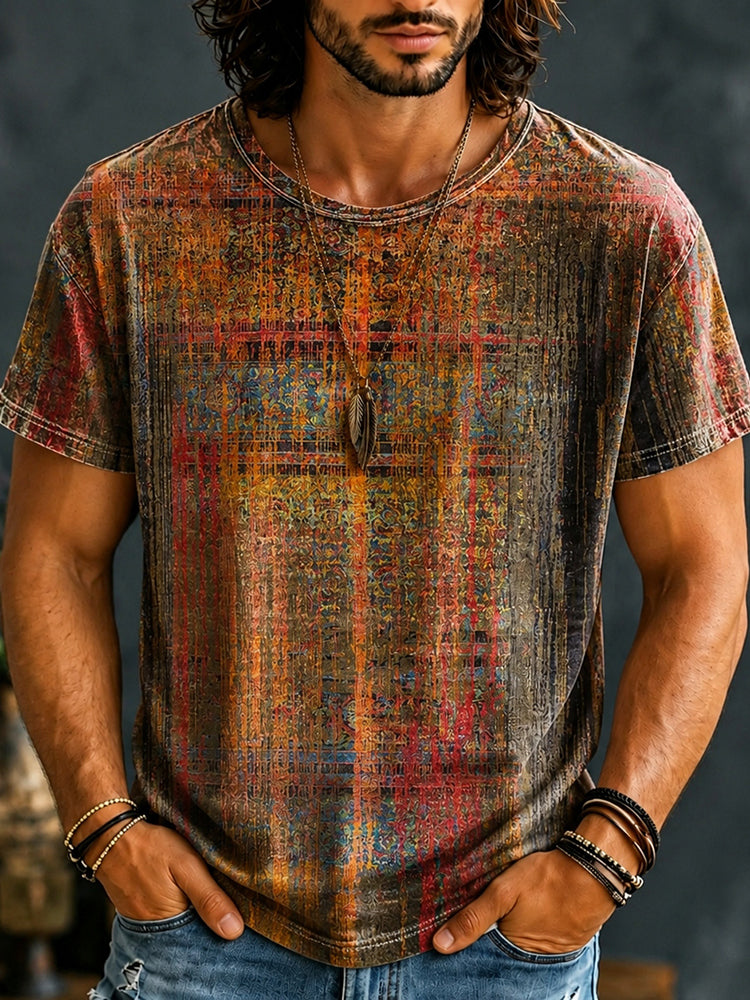 Men's short-sleeve crew-neck T-shirt with multicoloured distressed abstract print