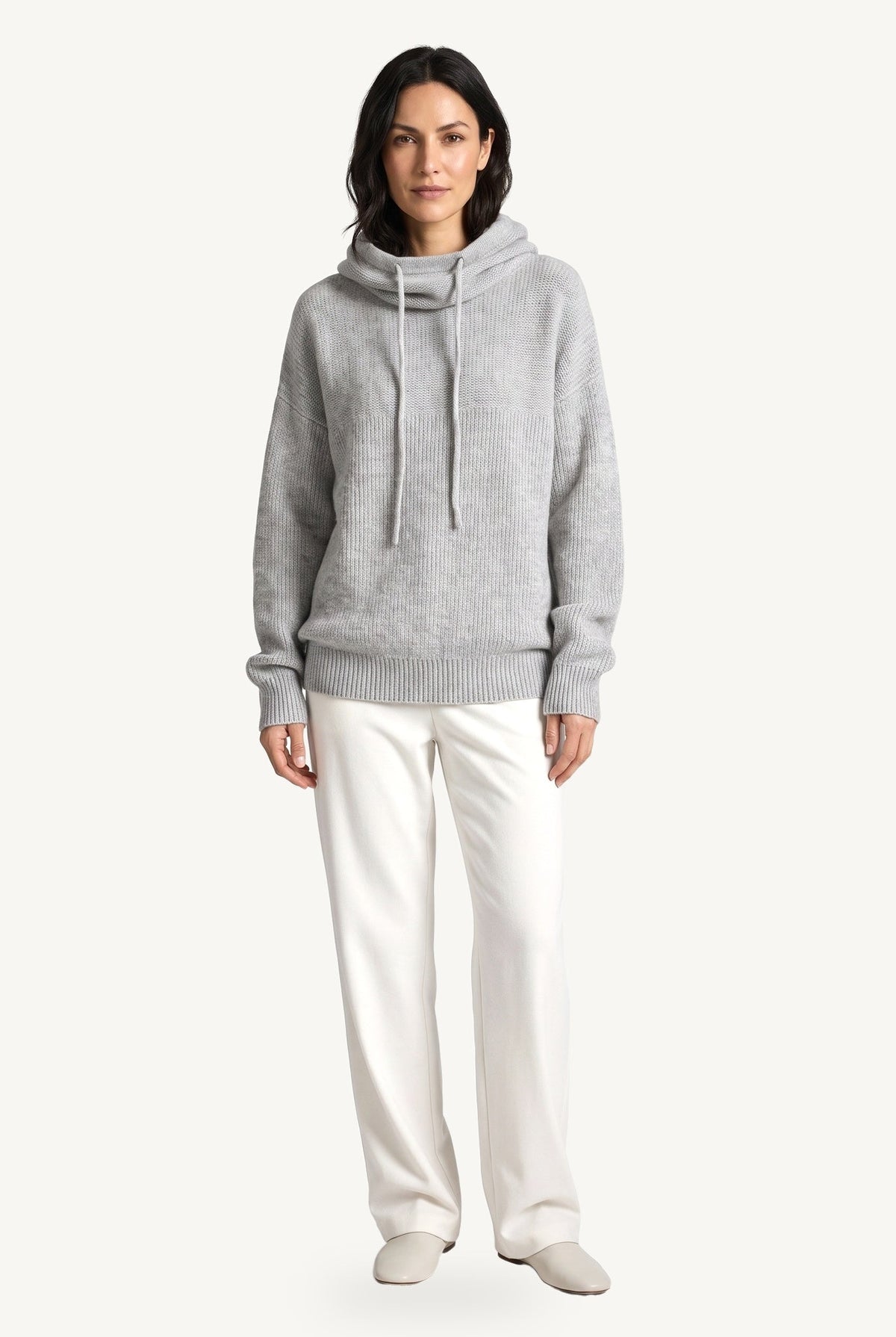 Women's knitted hoodie with cowl hood, drawstrings, long sleeves and ribbed trims