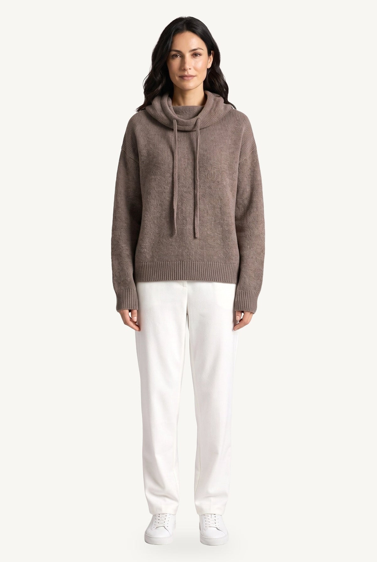 Women's knitted hoodie with cowl hood, drawstrings, long sleeves and ribbed trims