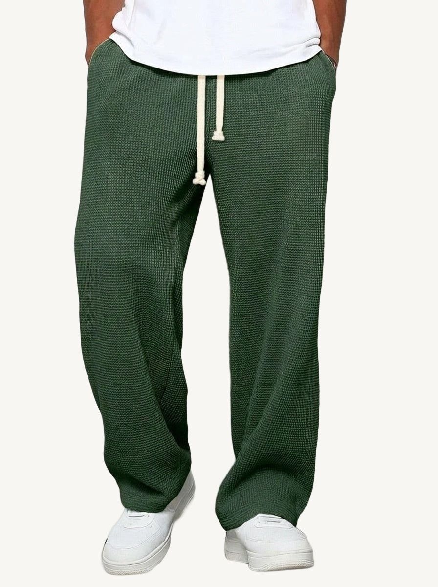 Men's relaxed wide-leg textured trousers with elasticated drawstring waist