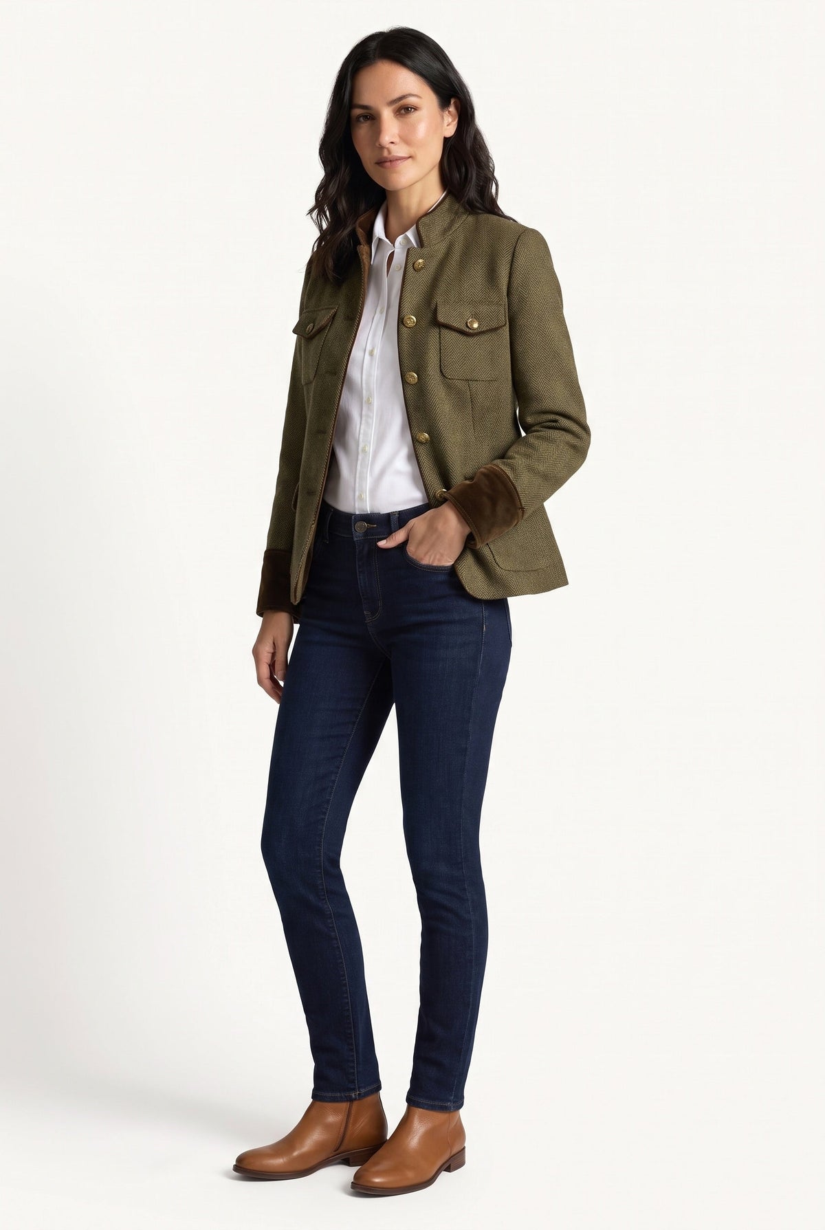 Women's olive herringbone tweed blazer with brown velvet trim and button front