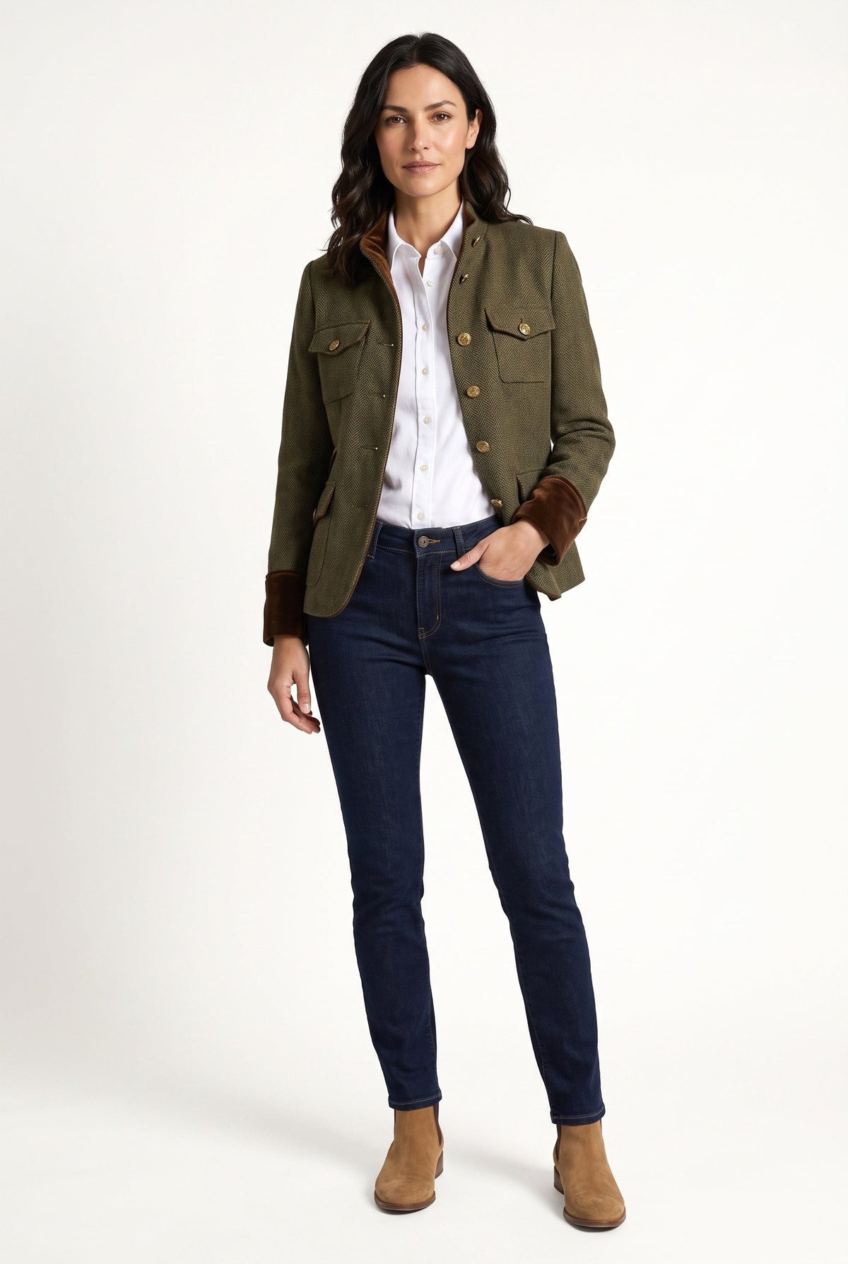 Women's olive herringbone tweed blazer with brown velvet trim and button front