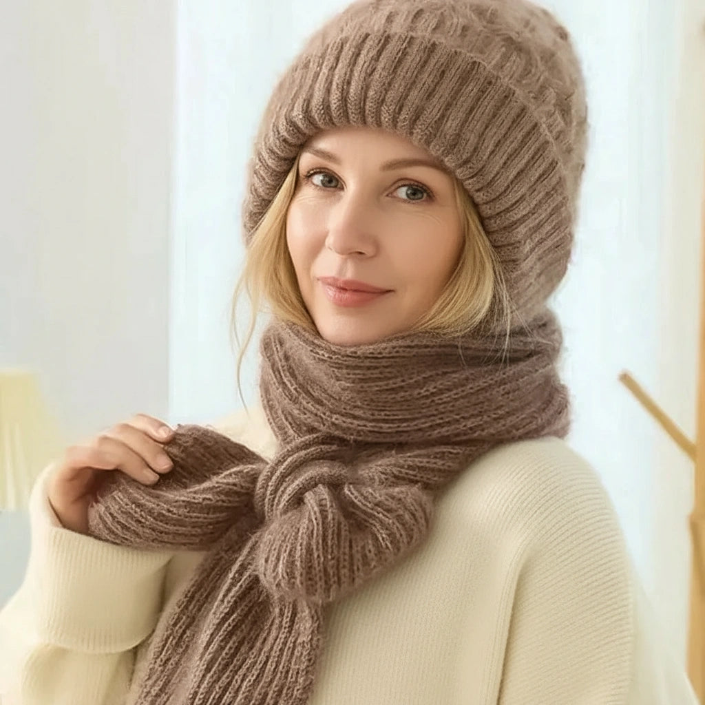 Women's ribbed winter hat and scarf set with ear-covering hat and long scarf