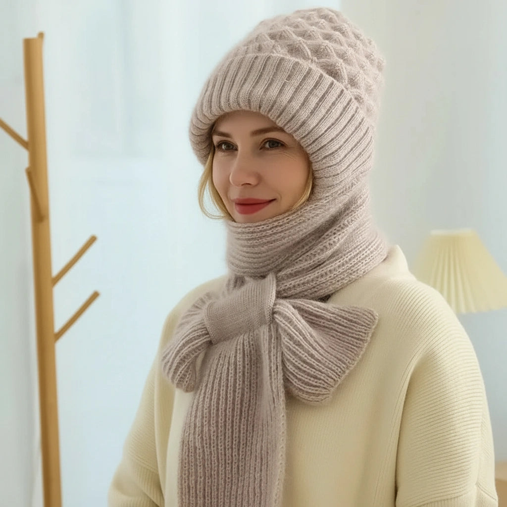 Women's ribbed winter hat and scarf set with ear-covering hat and long scarf
