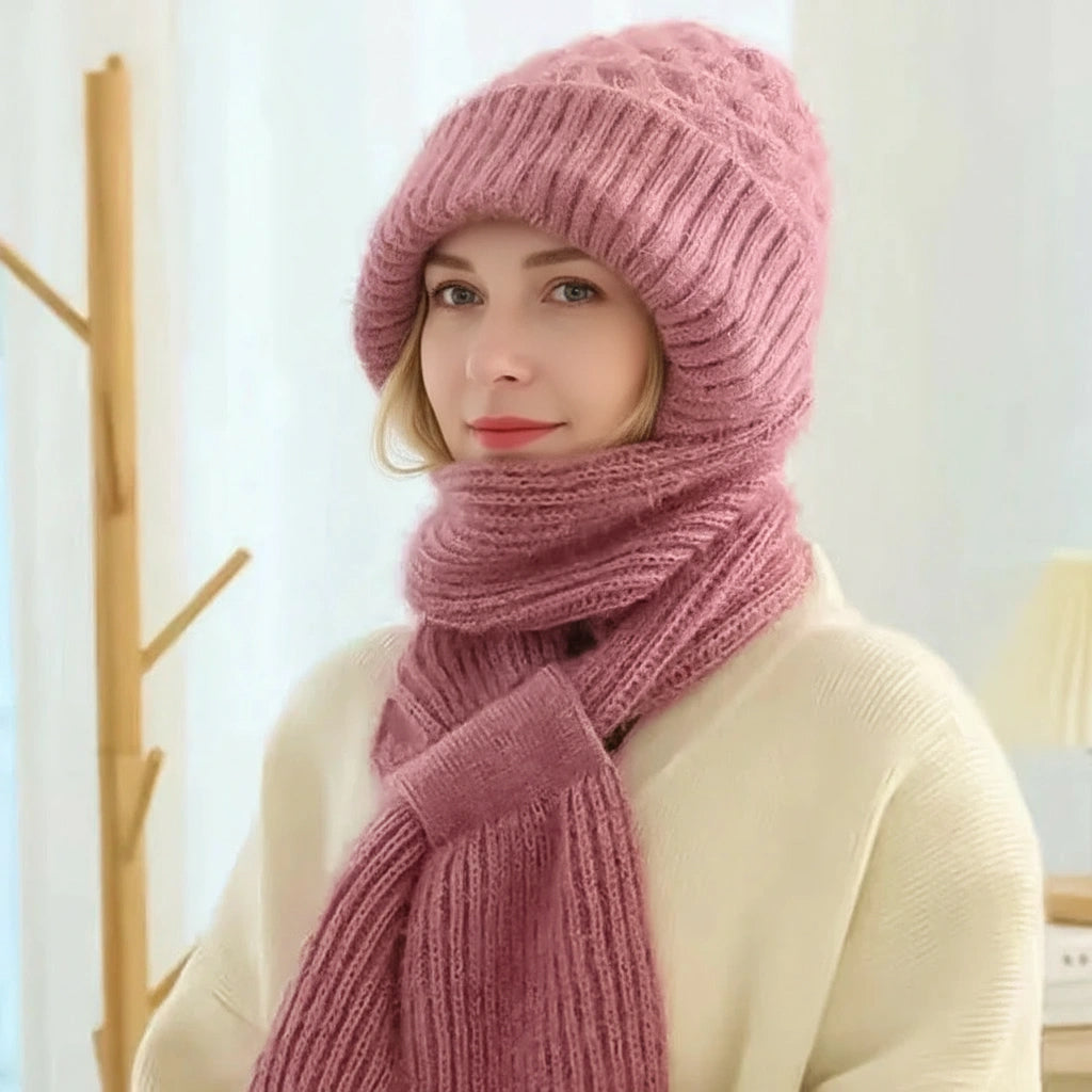 Women's ribbed winter hat and scarf set with ear-covering hat and long scarf