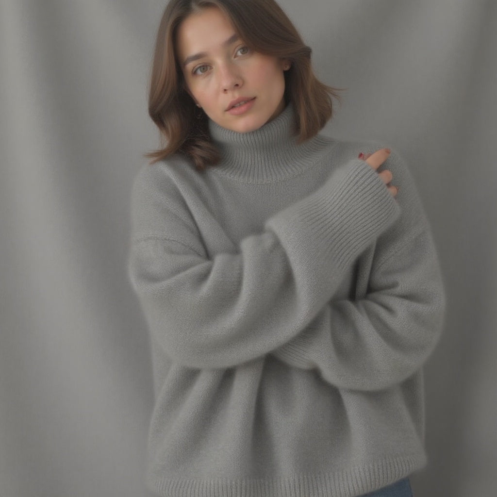Women's oversized roll neck jumper with long sleeves and ribbed trims