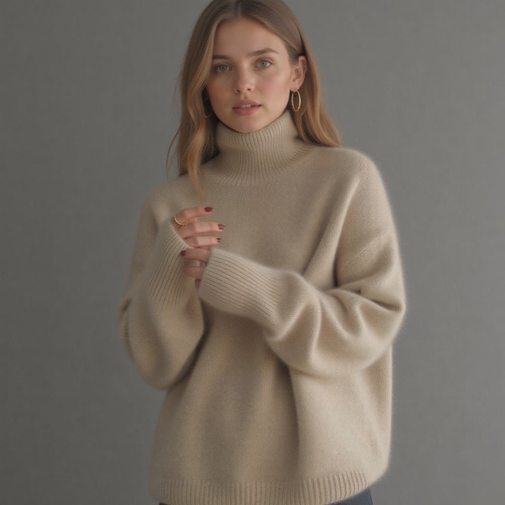 Women's oversized roll neck jumper with long sleeves and ribbed trims