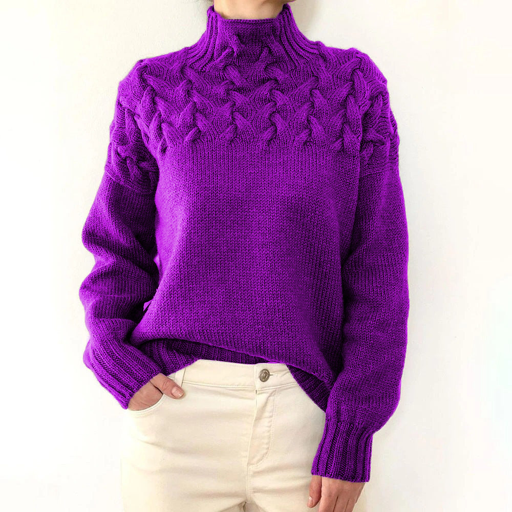 Women's cable-knit turtleneck sweater with long sleeves and ribbed trims