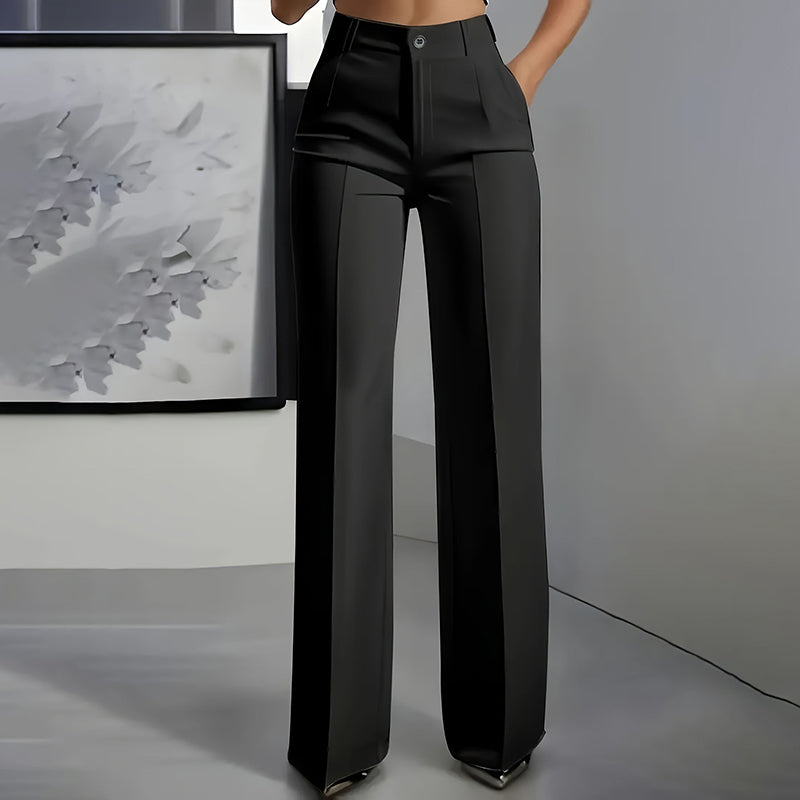 Women's high-waisted wide-leg suit trousers with front pockets and tailored panel detailing