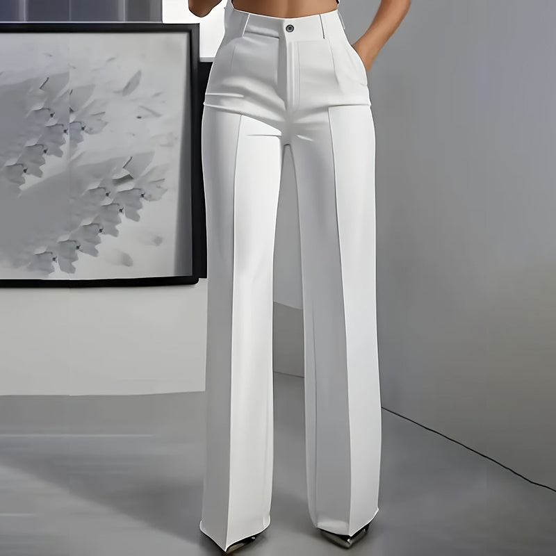 Women's high-waisted wide-leg suit trousers with front pockets and tailored panel detailing