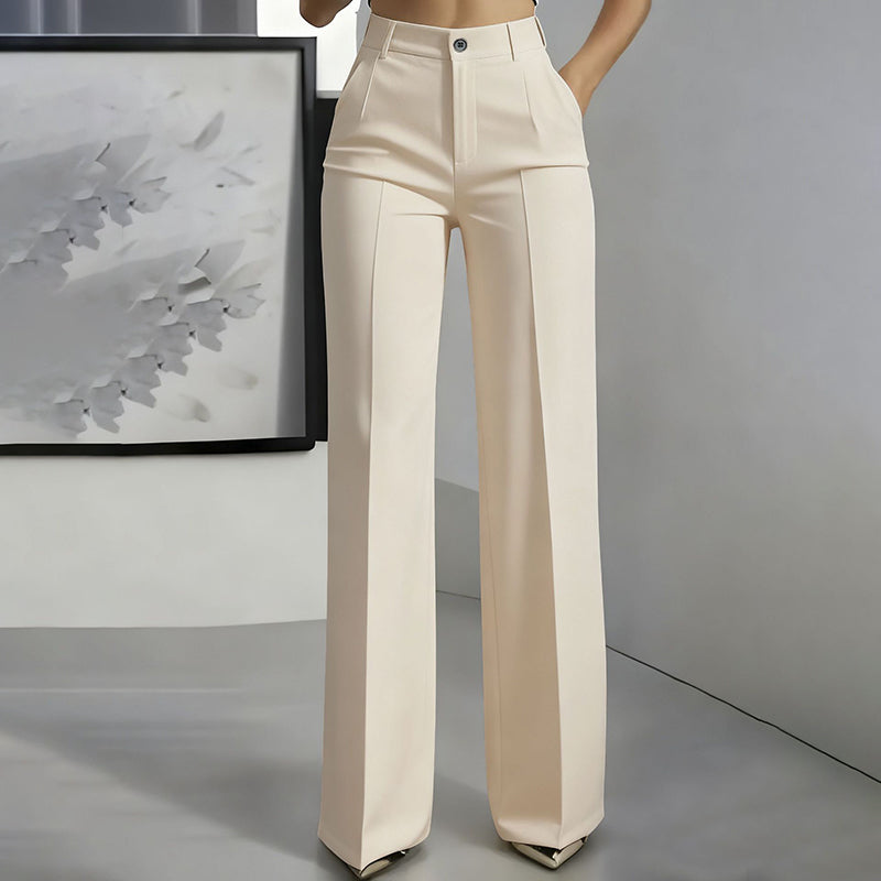 Women's high-waisted wide-leg suit trousers with front pockets and tailored panel detailing